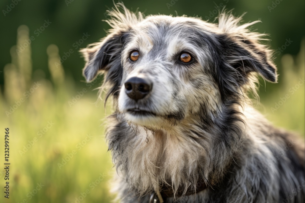 Happy Senior Mixed Breed Dog Outdoors in Summer - Closeup Portrait of Old Grey Dog Happy Senior Mixed Breed Dog Outdoors in Summer - Closeup Portrait of Old Grey Dog
