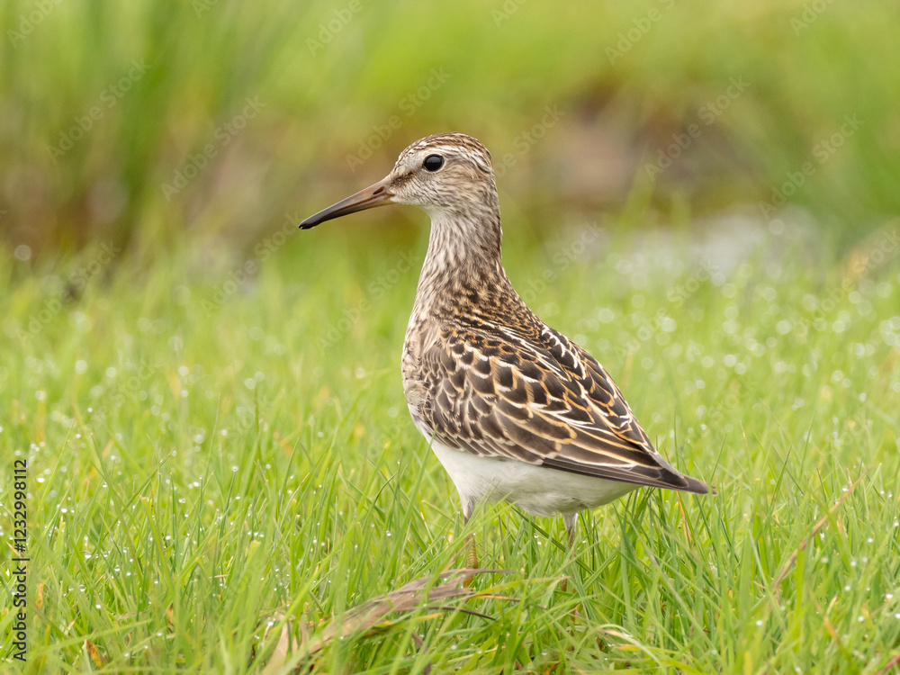 An immature Pectoral Sandpiper standing in wet grass An immature Pectoral Sandpiper standing in wet grass