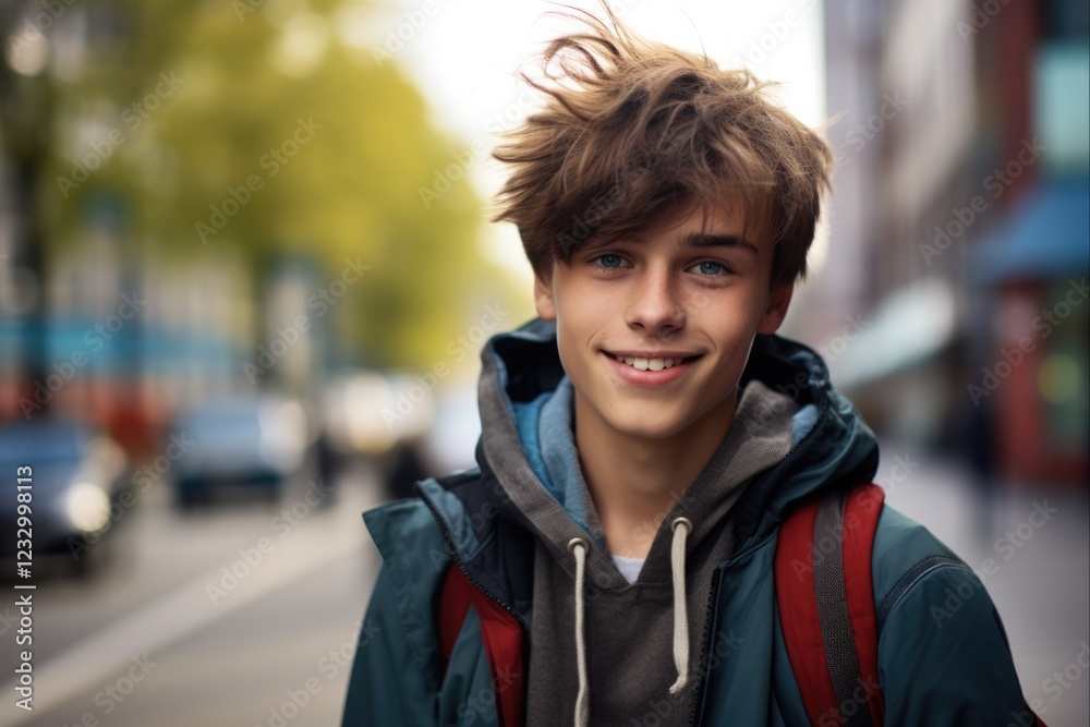 Happy Teenage Boy Smiling Outdoors. Portrait of Joyful Adolescent Person on the Street Happy Teenage Boy Smiling Outdoors. Portrait of Joyful Adolescent Person on the Street