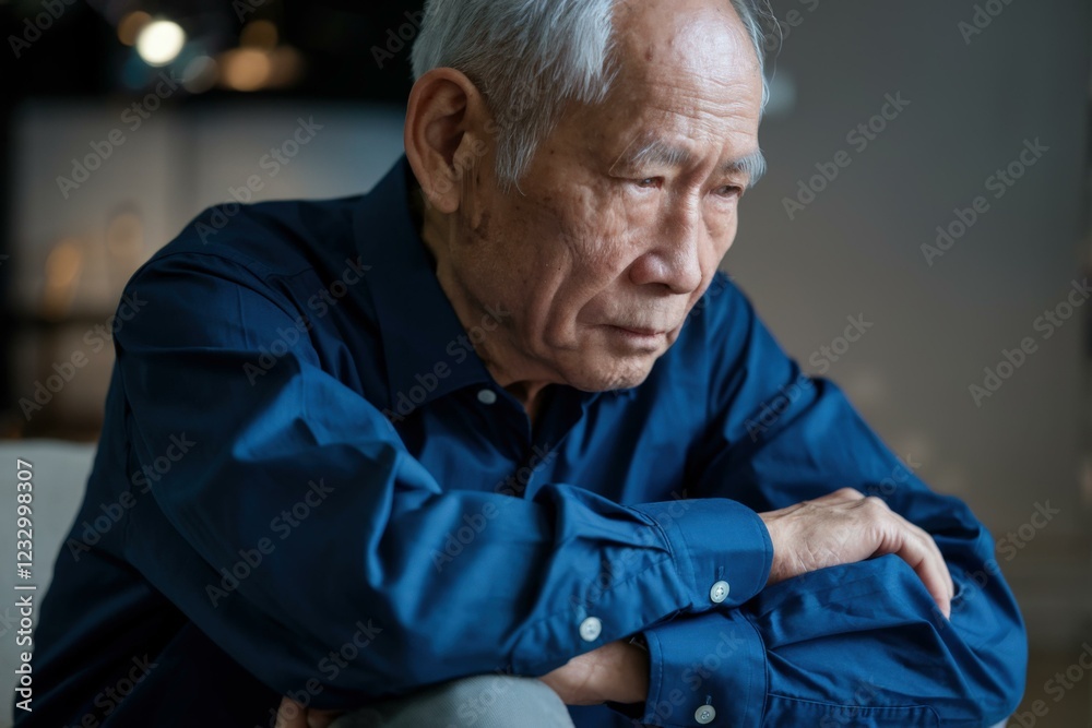 Thoughtful Elderly Asian Man Blue Shirt - Aging Family Dynamics Thoughtful Elderly Asian Man Blue Shirt - Aging Family Dynamics