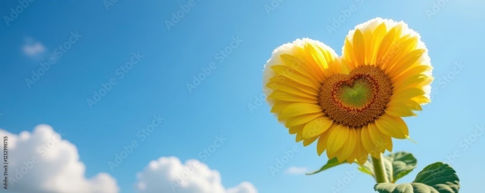 Obraz premium Fluffy cloud heart shaped, bright yellow sunflower against blue sky, serene, love