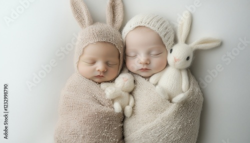 Studio Photoshoot Of Newborn Twin Babies Sleeping, Swaddled In Fabric, And Holding Bunny Toys. Infant Children Captured In Sweet Moments.