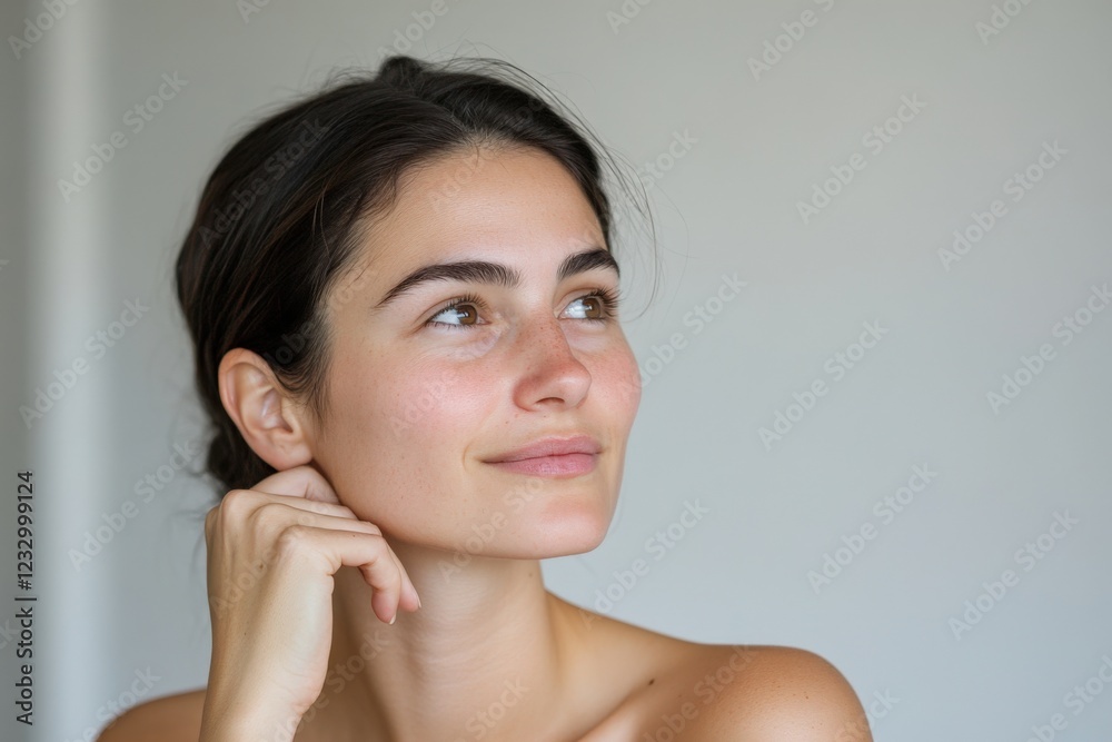 young woman with clear skin looking up and thinking young woman with clear skin looking up and thinking