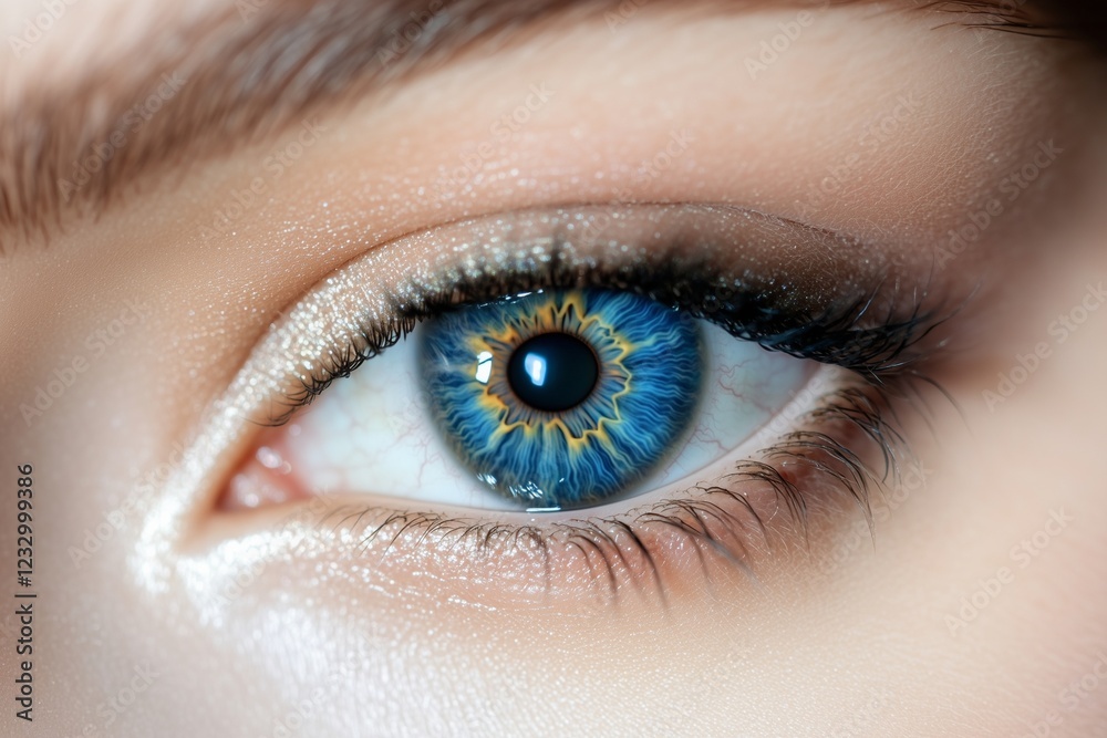 Macro shot of a womana??s vibrant electric-blue eye, with vivid reflections and intricate patterns in the iris, captured in Macro shot of a womana??s vibrant electric-blue eye, with vivid reflections and intricate patterns in the iris, captured in