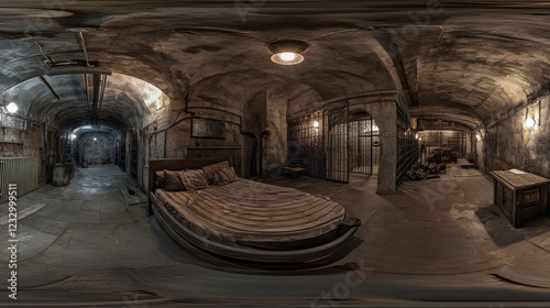 360 spherical paborama view of dark industrial style prison building interior hallway basement 3d render illustration hdri hdr style photo