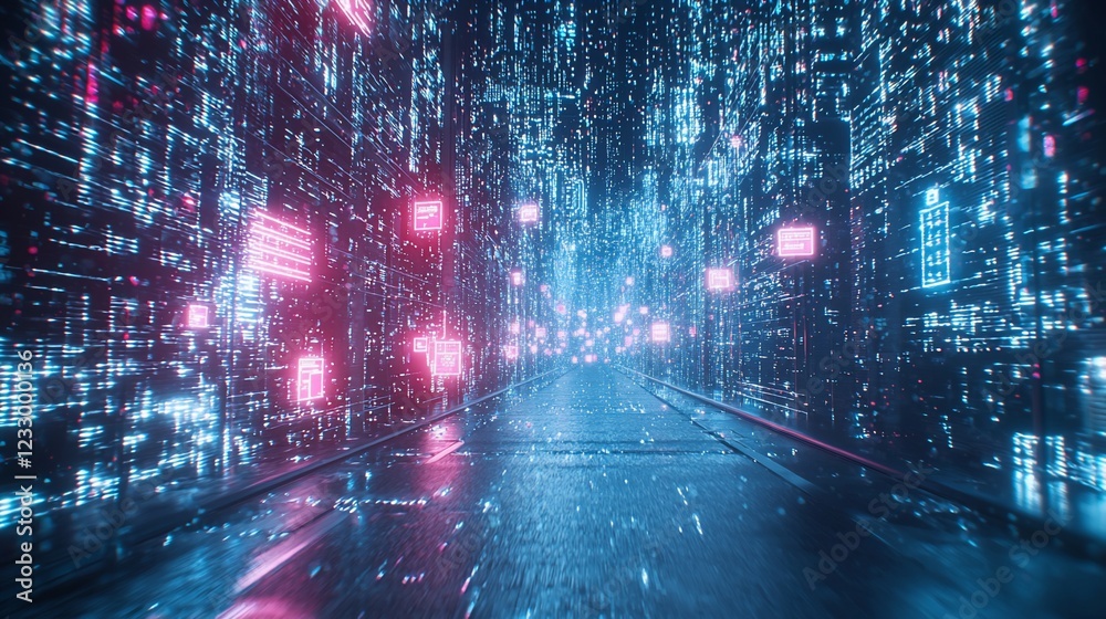 Fototapeta premium Digital Highway Neon Cityscape Data Stream