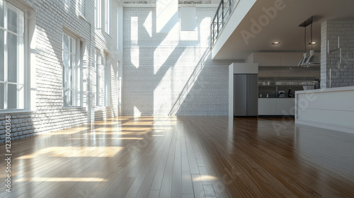 Fototapeta Naklejka Na Ścianę i Meble -  empty white brick wall industrial style bright wood floor 3d render illustration
