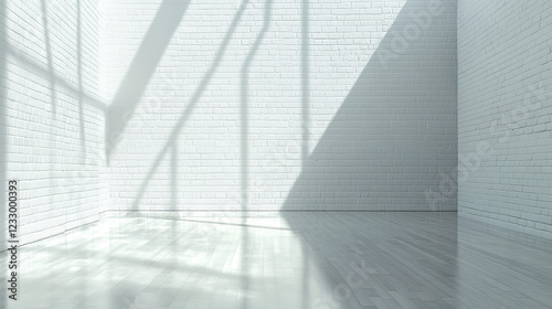 Fototapeta Naklejka Na Ścianę i Meble -  empty white brick wall industrial style bright wood floor 3d render illustration