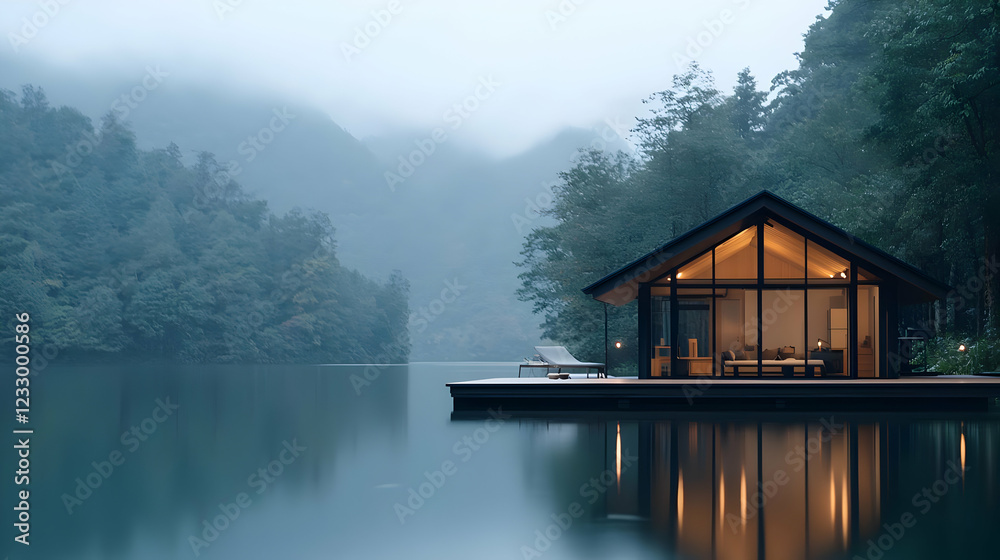 Fototapeta premium Lakeside modern cabin, misty mountains, tranquil evening