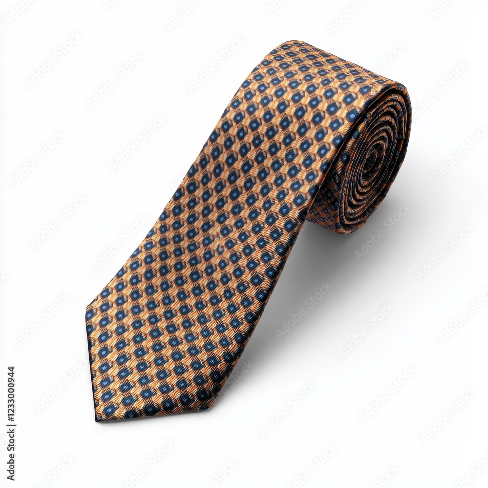 Luxury silk tie with a subtle geometric pattern, placed on a bright white background Luxury silk tie with a subtle geometric pattern, placed on a bright white background