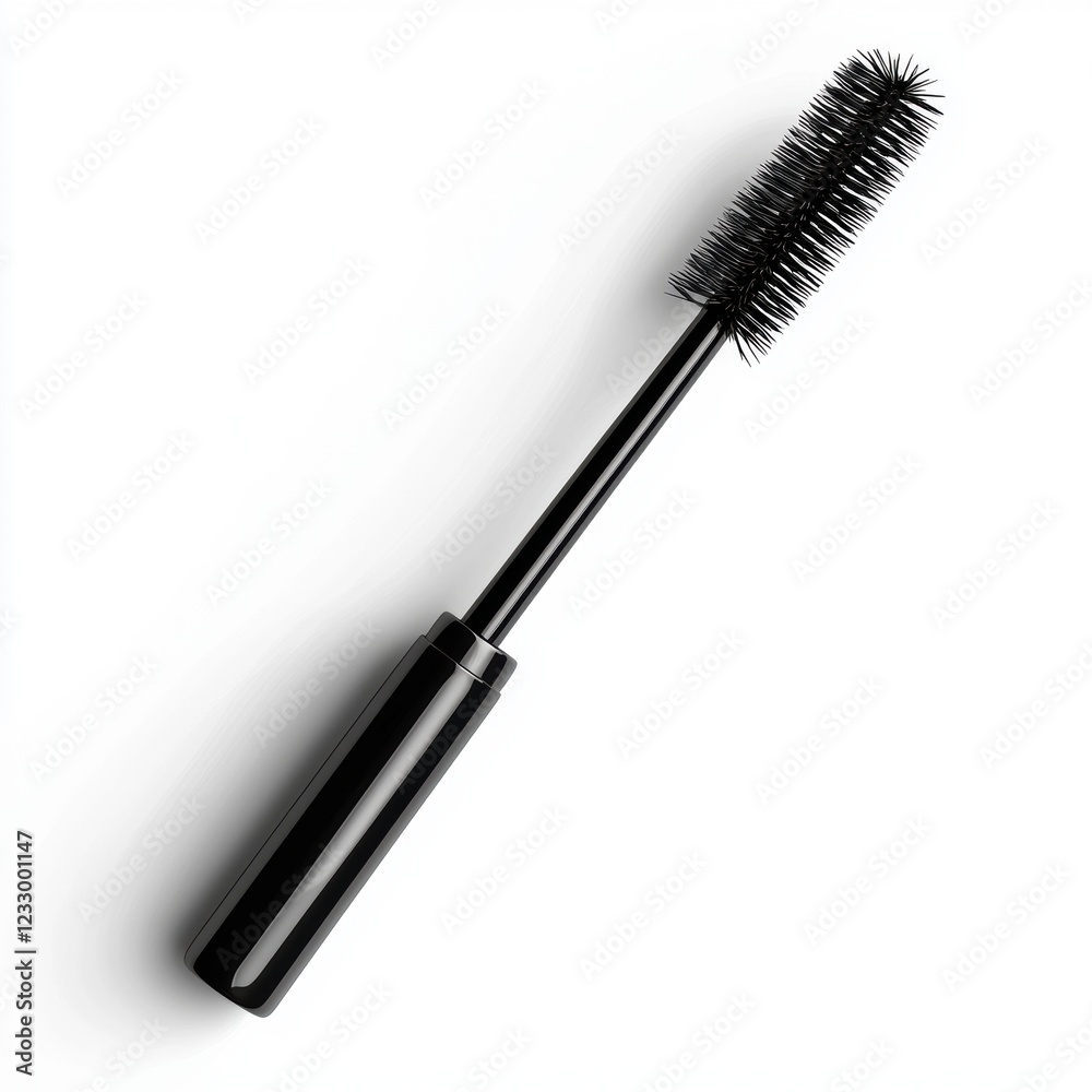 Mascara wand with thick black bristles, coated with glossy product, placed on a bright white background Mascara wand with thick black bristles, coated with glossy product, placed on a bright white background
