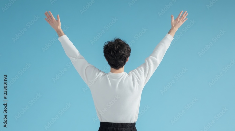 person with arms raised in celebration against blue background person with arms raised in celebration against blue background