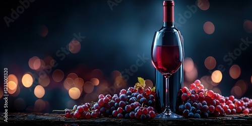 Red wine, grapes on wood, bokeh background, romantic evening