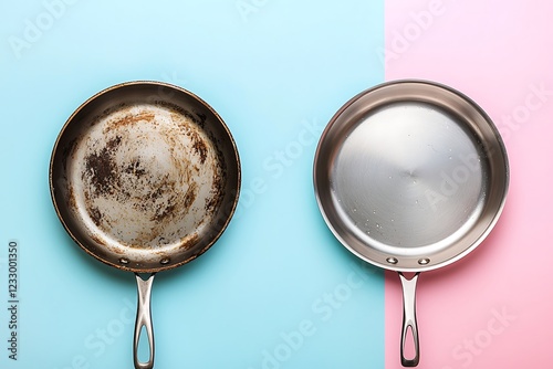 Dirty vs. clean stainless steel frying pans on a pastel background, highlighting the results effective cleaning.