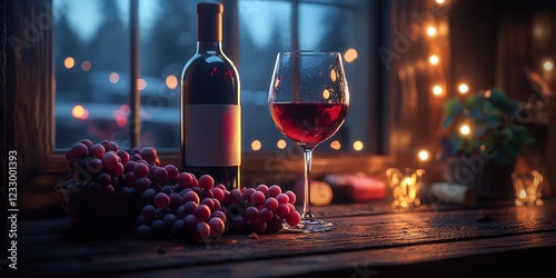 Red wine, grapes by cozy window with evening street view