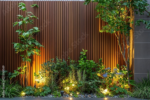 Garden fence replaced with a modern wooden design, featuring lush greenery and ambient lighting