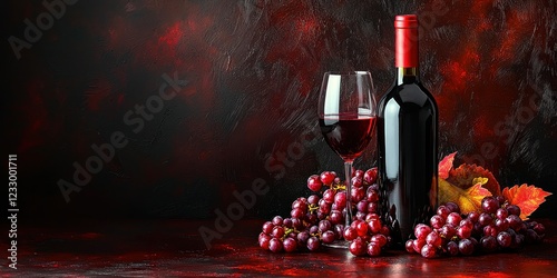 Red wine, grapes, glass on dark table, autumn leaves, textured background photo