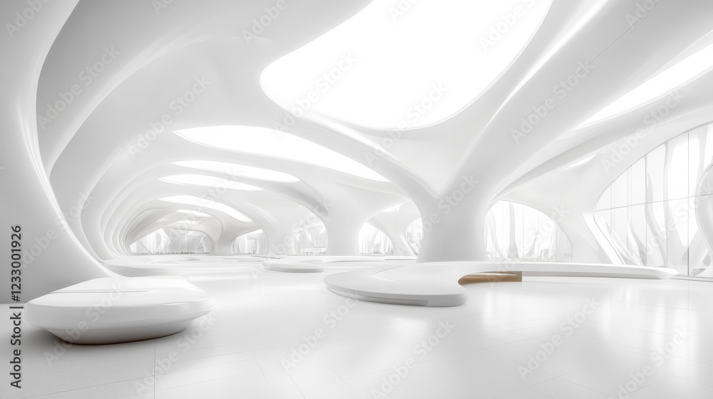 White abstract futuristic hall with modern industrial style 3d render illustration