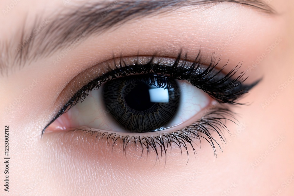 Ultra-sharp close-up of a woman's eye with a deep black iris, capturing the fine details of the surrounding skin and eyelashes, shot in Ultra-sharp close-up of a woman's eye with a deep black iris, capturing the fine details of the surrounding skin and eyelashes, shot in