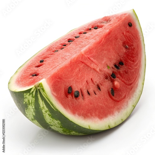 A high-quality image of a freshly cut watermelon slice, with its juicy, vibrant red flesh, tiny black seeds, and a thick green rind with subtle color gradations, set on a pure white background. photo