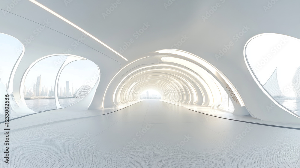 Obraz premium 360 panorama view in modern white empty futuristic technology concept tunnel hallway interior 3d render illustration hdri hdr vr style