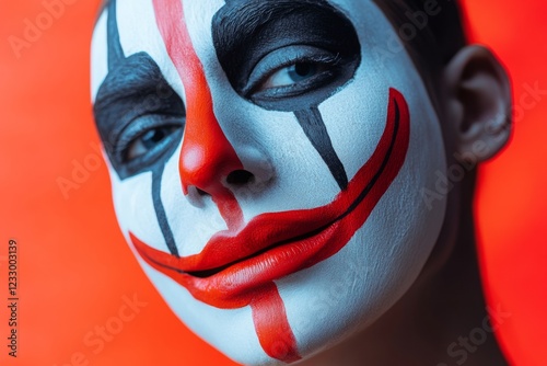 A person poses with a painted smile mask, intentionally hiding their true emotions. The bright colors contrast with their unexpressive eyes, conveying a profound sense of hidden sorrow photo