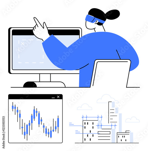 Individual wearing VR headset interacts with computer screen showing data visualization, adjacent graph, and cityscape blueprint. Ideal for technology, data analysis, financial planning, virtual