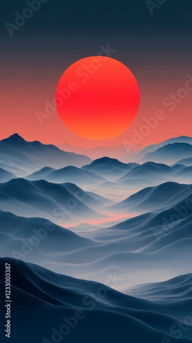 A simple wallpaper featuring a red sun on a rolling landscape. Japanese minimalist style landscape of a red sun in warm tones. photo