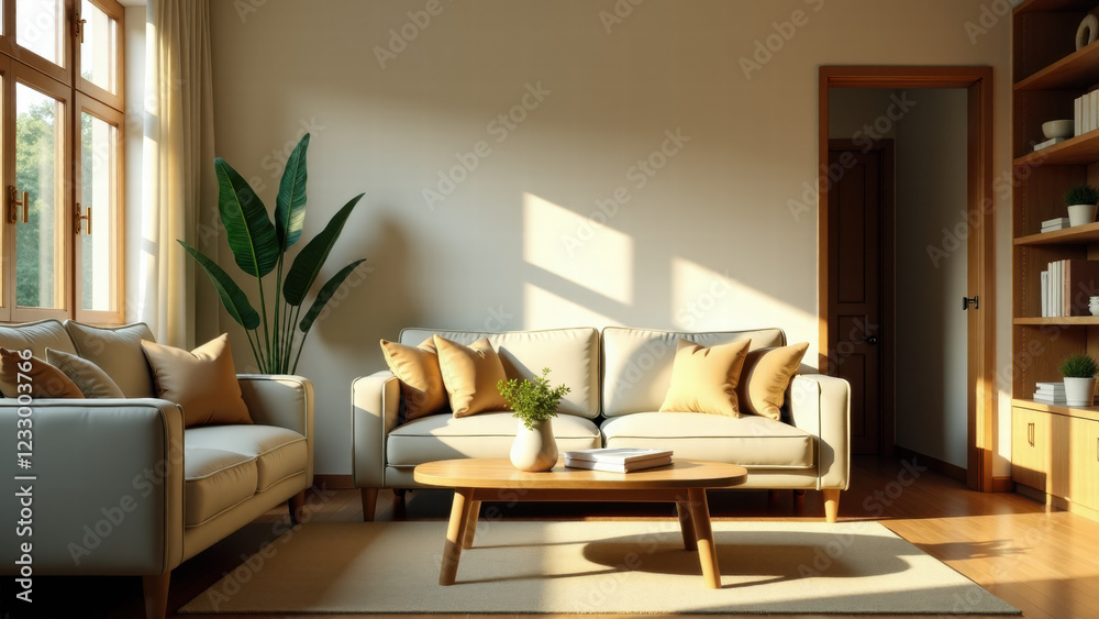 Living Room with a Cozy Sofa, Green Plants, and Beautiful Beige and White Décor Living Room with a Cozy Sofa, Green Plants, and Beautiful Beige and White Décor