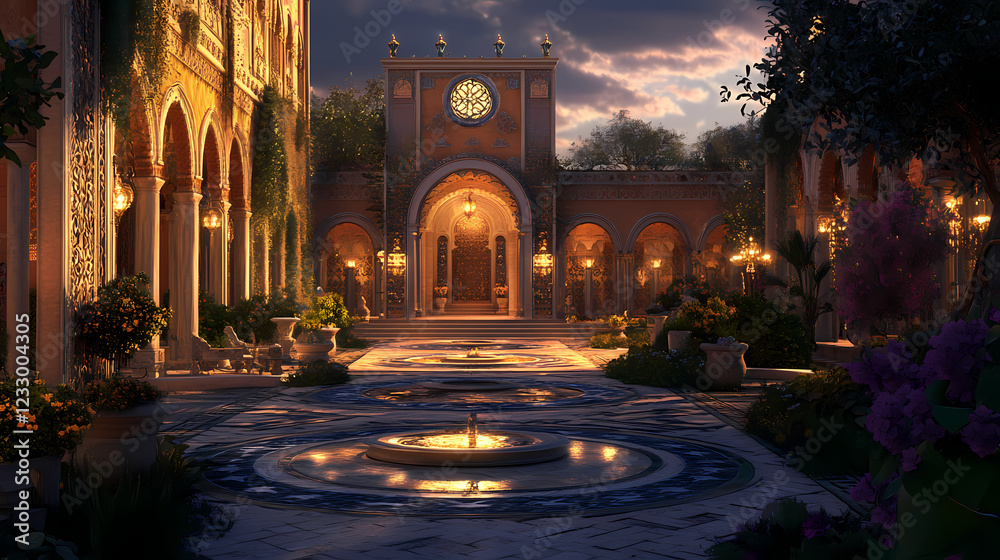 A grand, illuminated palace courtyard, with its intricate tile work and beautiful archways glowing warmly. the serene fountains and manicured gardens create a tranquil . Serene Archway. Illustration A grand, illuminated palace courtyard, with its intricate tile work and beautiful archways glowing warmly. the serene fountains and manicured gardens create a tranquil . Serene Archway. Illustration