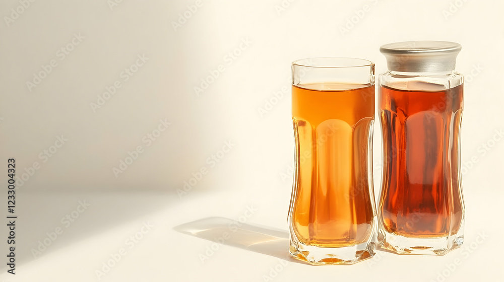 Two glasses of amber liquid, one in a glass and one in a bottle, on a white background with shadows.
