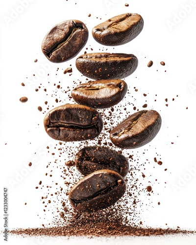 Roasted coffee beans falling onto ground coffee against white background