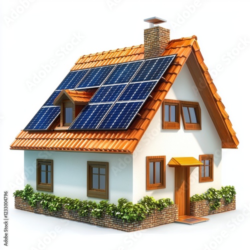 Solar collector installation on an eco-friendly house, isolated on a clean white background