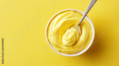 A small bowl of yellow mustard with a spoon. Bowl of mustard on a yellow background in top view. photo