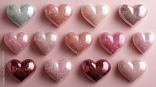 Glossy Pink and Red Hearts with Sparkles on a Pastel Background Perfect for Valentine's Day Greeting Cards Romantic Decorations Love Themes and Elegant Designs
