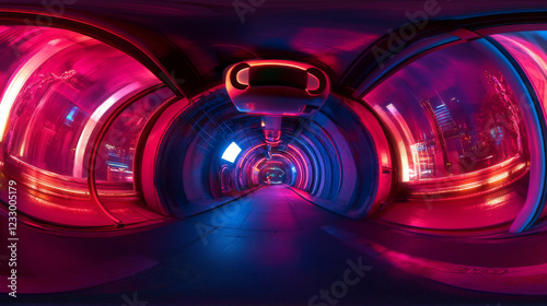 Fototapeta Naklejka Na Ścianę i Meble -  full 360 degree spherical panorama view of modern futuristic abstract tunnel with neon lighting 3d render illustration hdri hdr vr style