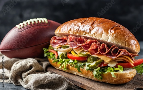 A football and a giant party sub sandwich with fresh deli meats, cheese, and veggies on a dark grey background, ultimate Super Bowl platter photo