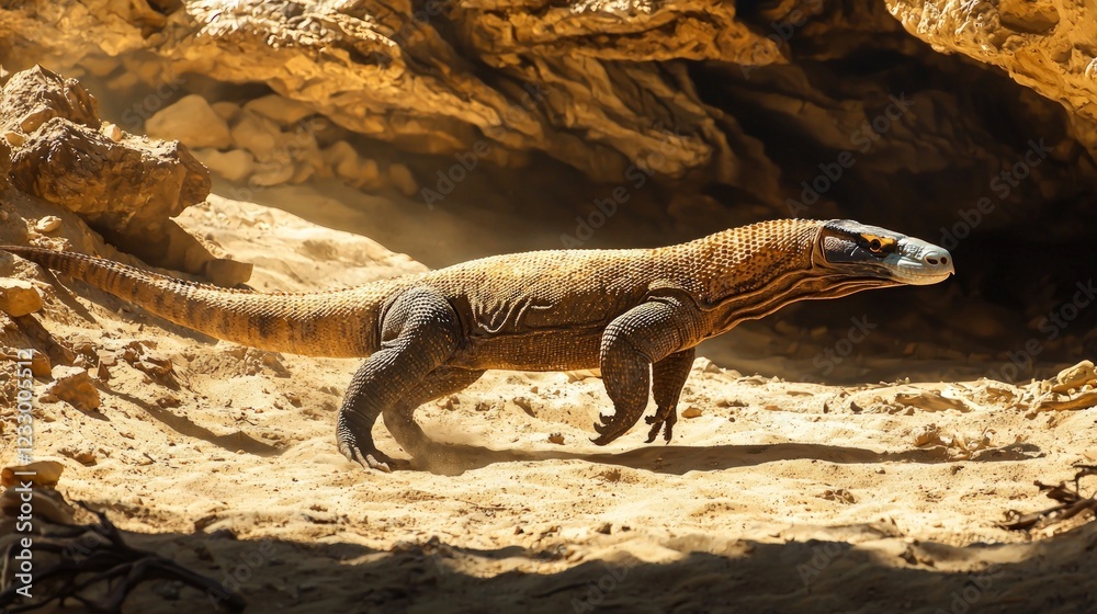 Komodo dragon strolling in a sandy habitat Komodo dragon strolling in a sandy habitat