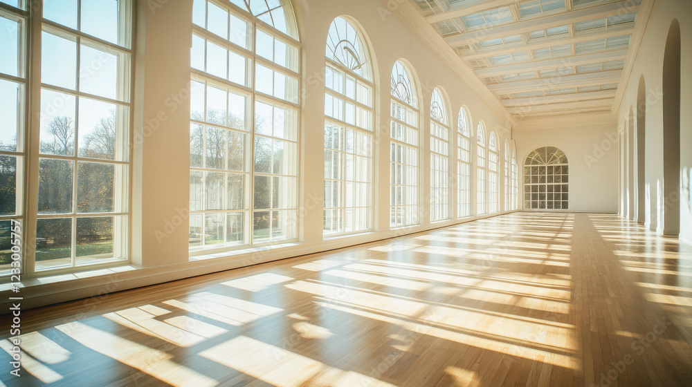 white abstract room with windows, sun light and shadows and wooden floor 3d render illustration white abstract room with windows, sun light and shadows and wooden floor 3d render illustration