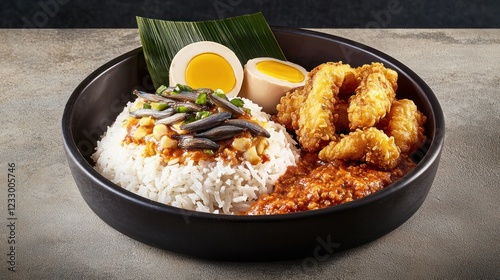 Savory Rice Bowl with Crispy Fried Bites Soft Boiled Eggs and Spicy Sauce photo