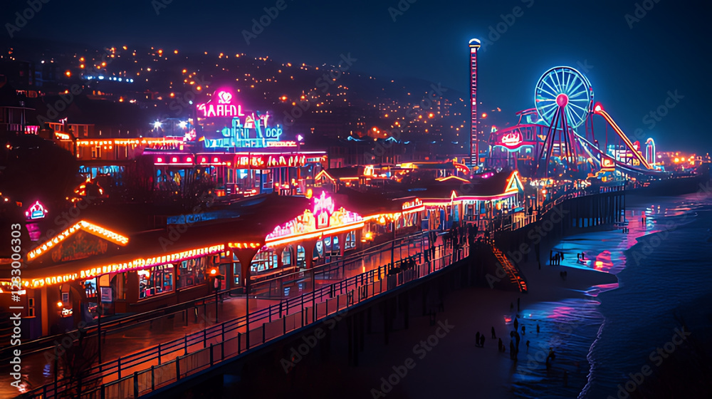 Night pier, vibrant lights, oceanside amusement park, hillside city backdrop, travel brochure Night pier, vibrant lights, oceanside amusement park, hillside city backdrop, travel brochure