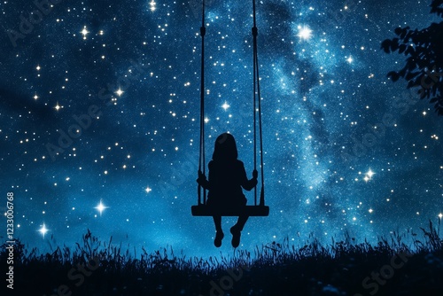 A silhouette of an individual is seen swinging gently, surrounded by a serene landscape under a dazzling starlit sky, creating a peaceful and nostalgic atmosphere photo