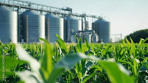 Green corn plants stretch toward the sky with metallic silos in the background, concept of biofuel production