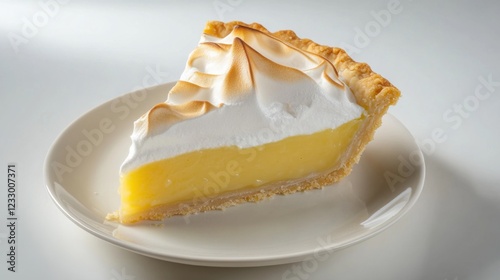 A slice of classic lemon meringue pie with a crisp crust and fluffy meringue topping, placed on a plain white plate, Slice centered with a slightly angled view