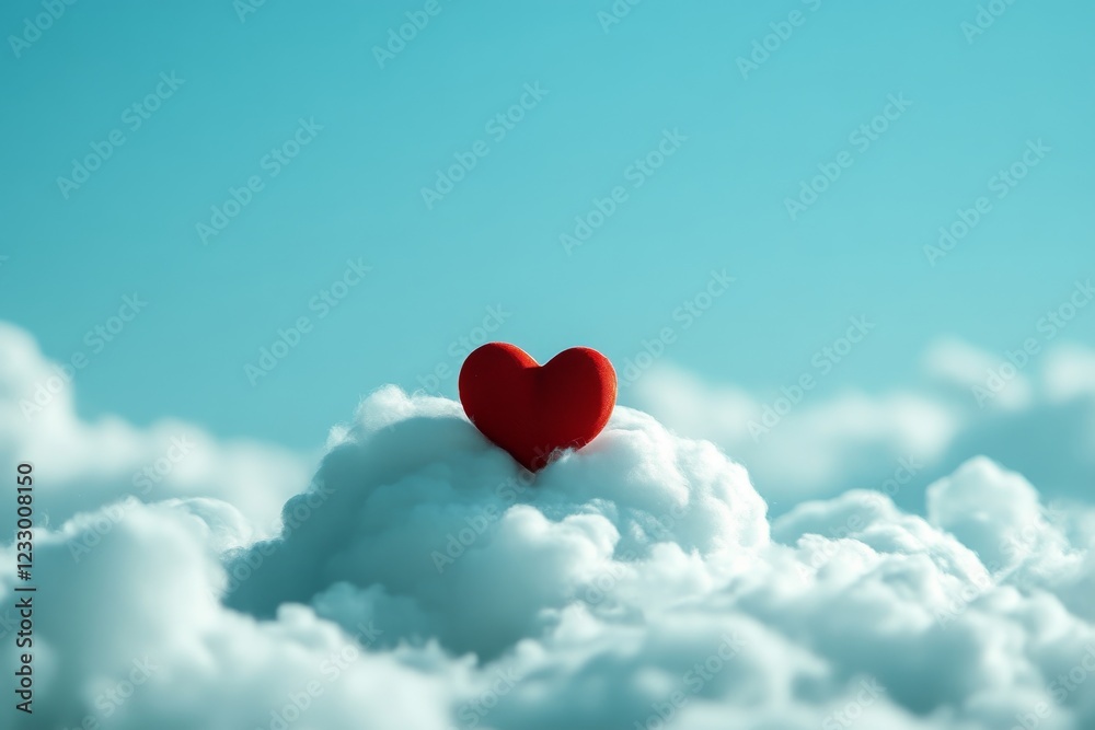 Delicate red heart floating on a fluffy white cloud. Red heart in concept of love and purity in a serene fantasy setting. Delicate red heart floating on a fluffy white cloud. Red heart in concept of love and purity in a serene fantasy setting.