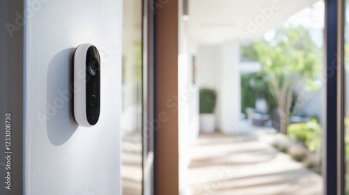 An advanced smart doorbell with a sleek, minimalist design in a clean, modern entryway