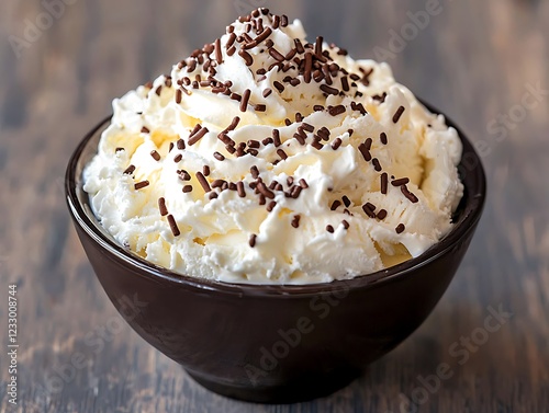 A fresh bowl ice cream with whipped cream and chocolate sprinkles