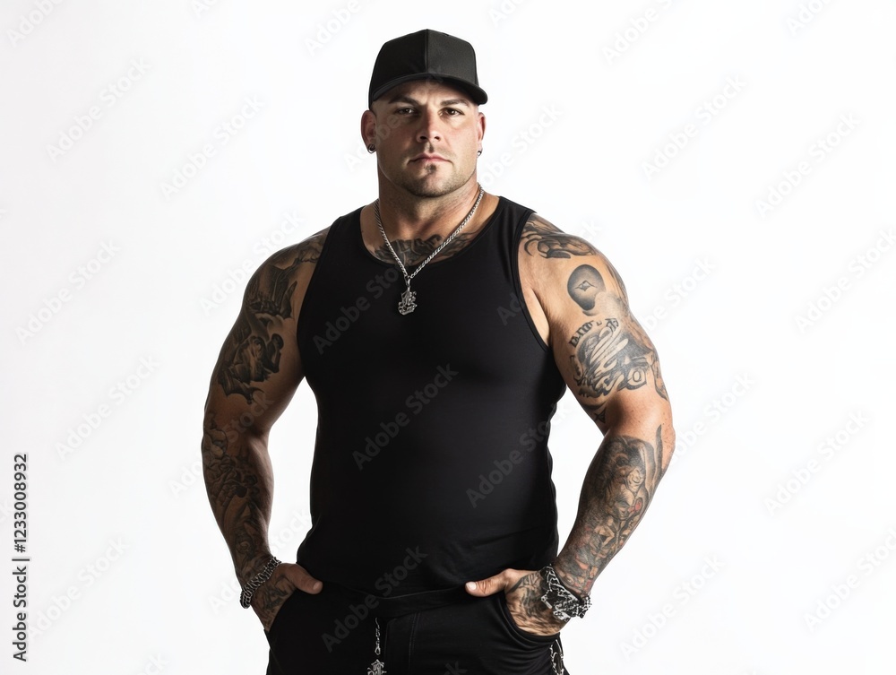 muscular man with tattoos wearing a black tank top and baseball cap muscular man with tattoos wearing a black tank top and baseball cap