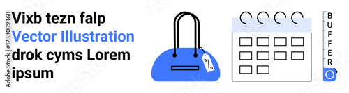 Blue handbag with price tag, calendar icon with appointment rows, vertical buffer meter, sample text block. Ideal for organizational tips, time management, retail, productivity, scheduling fashion