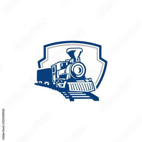 Moving retro steam locomotive. Vintage train emblem or symbol vector